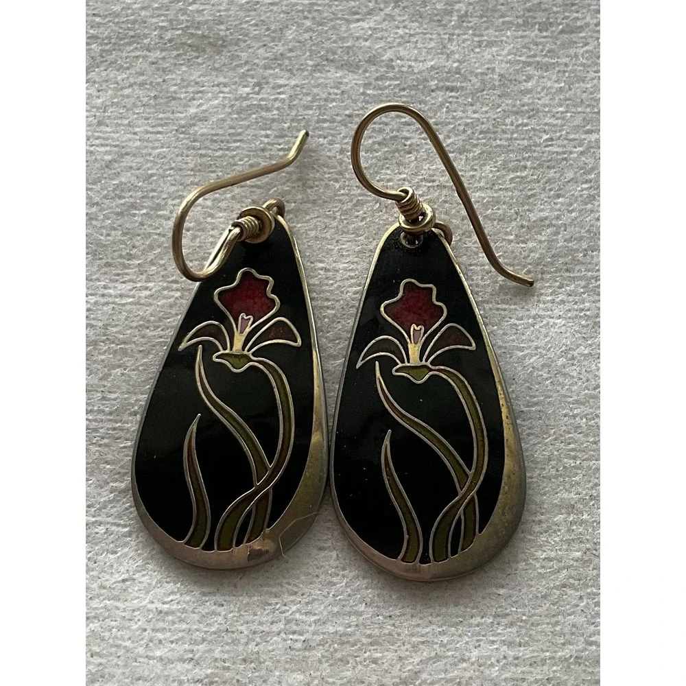 vintage 1980s Laurel Burch Wild Iris teardrop earrings Dangle Drop Enamel
